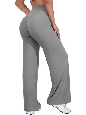 Women's Grey High Waist Stretch Casual Straight Bottoms Wide Leggings